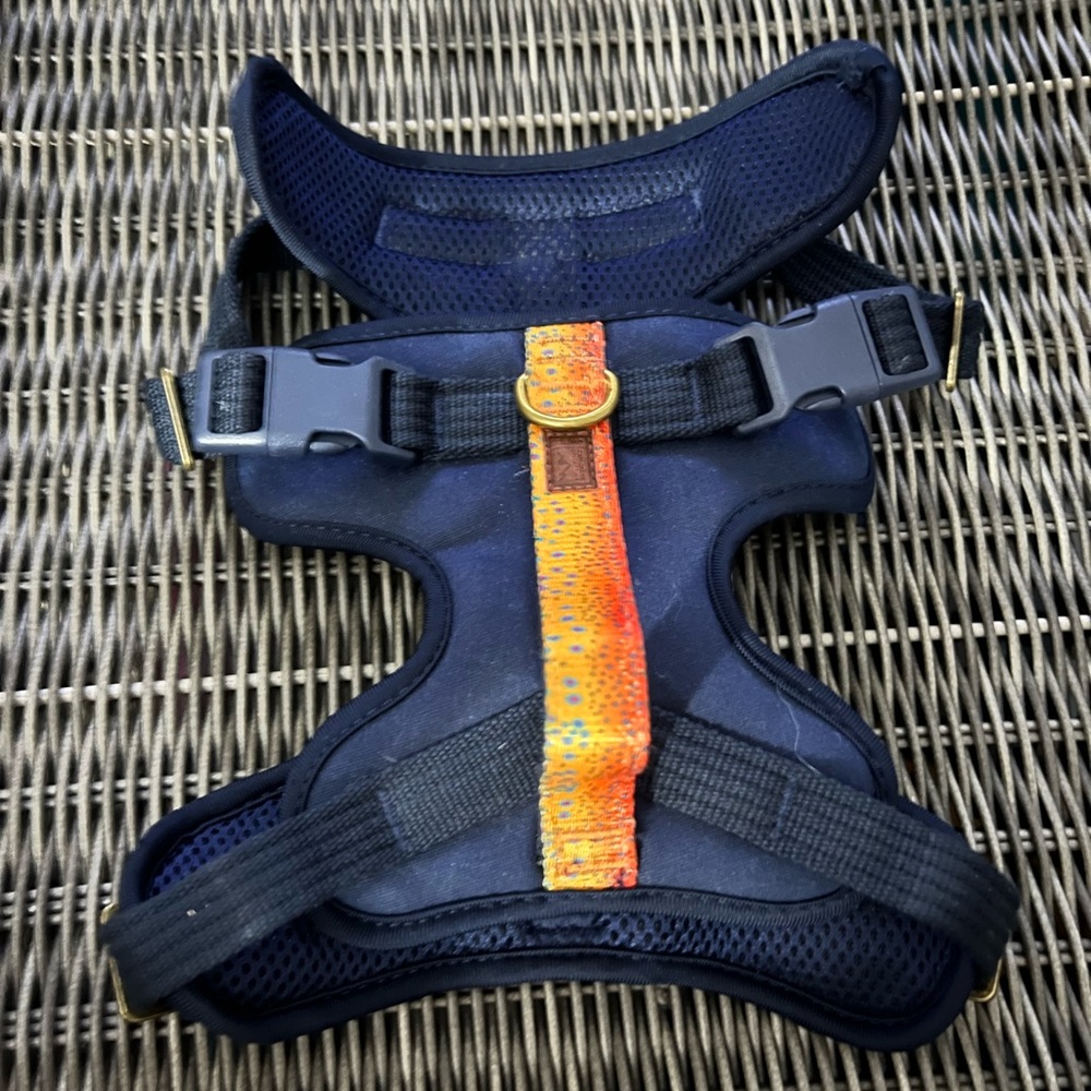 Top paw navy blue, yellow fish pattern dog harness NWOT